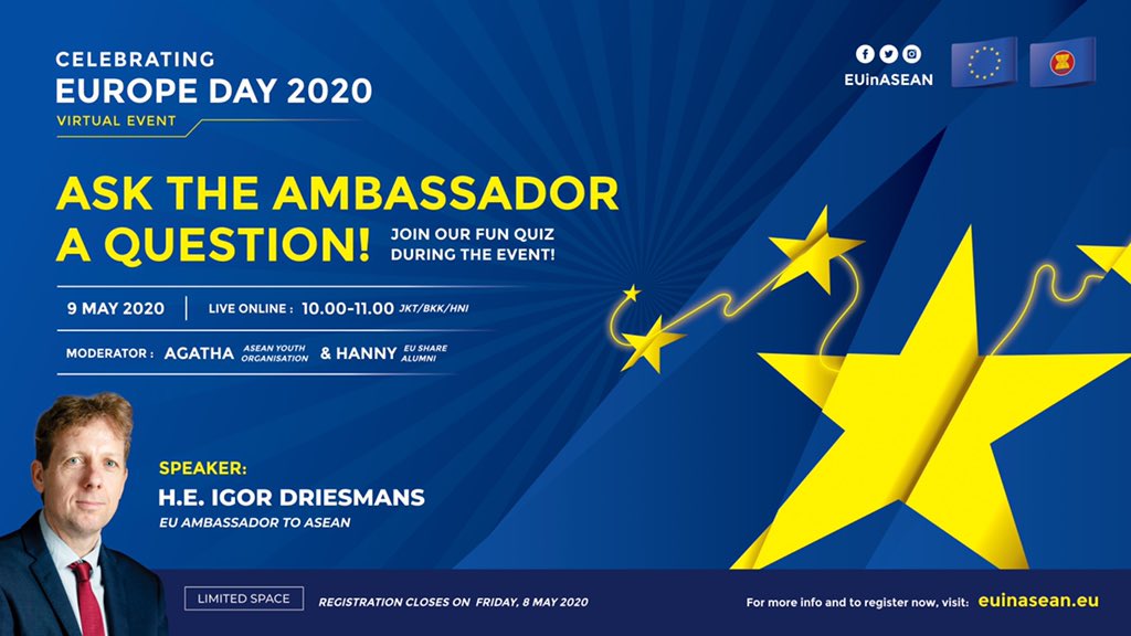 EUinASEAN's tweet photo. Join us in celebrating #EuropeDay on 9 May! Discover more about the EU๐ช๐บ and our work in @ASEAN, through:
โข Q&A with @EUAmbASEAN ๐๐ฝโ๏ธ๐๐ปโ
โข Fun quiz ๐ค๐ก
RSVP ๐๐ผ https://t.co/SjrUC8Z4Ql
#EUandASEAN #NaturalPartners
More information in the poster๐๐ผ https://t.co/deRBZa72B3