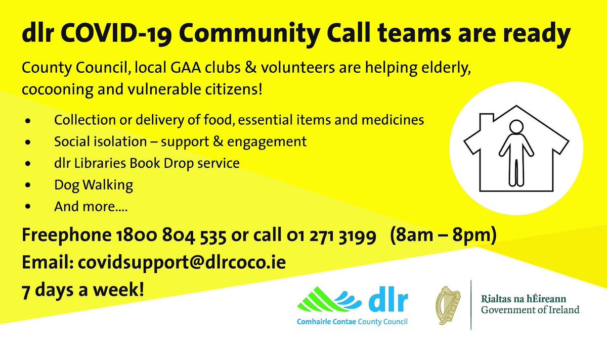 josephamadigan's tweet photo. Don’t forget! #DLRCommunityCall offers a range of services to those cocooning or self isolating #COVID19 

✅Collection or delivery of essential items
✅Support &amp; engagement
✅@DLR_Libraries book drop
✅Dog walking

Freephone📞or email📧 details below ⬇️ 8am-8pm, 7 days a weeks🙌 https://t.co/oUFDRfsoGJ