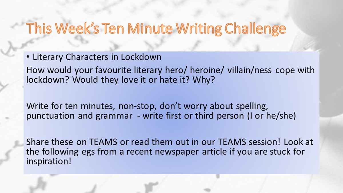 KESBathEnglish's tweet photo. A brand new #tenminutewritingchallenge for @KESBath wordsmiths from #virtualcreativewritingclub today. Literary Characters in Lockdown! How would Harry Potter deal with Corona? What  if Covid hit Narnia? Who would survive if The Hunger Games went into Lockdown? #andwrite https://t.co/GxLa8nAN2x