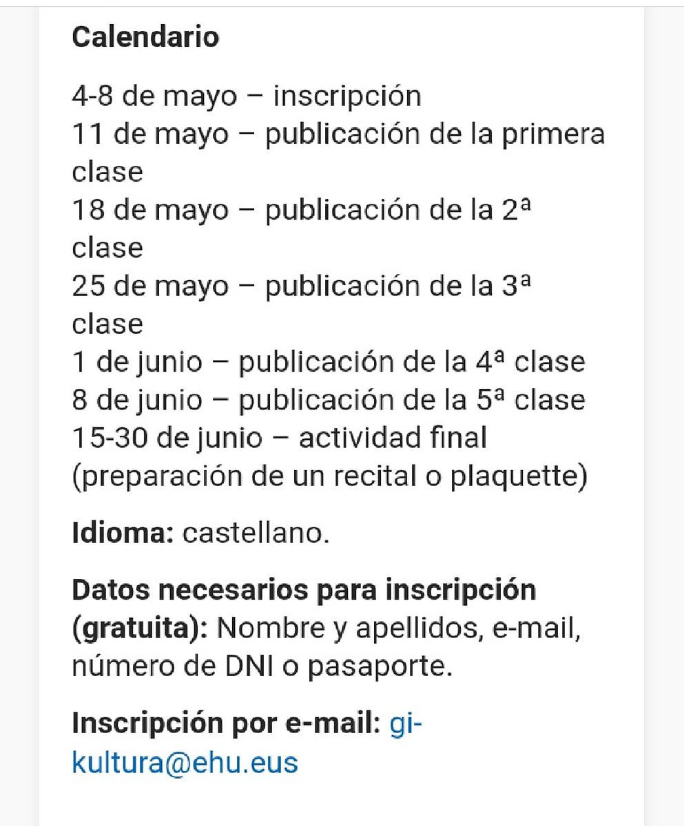 Vuelve el taller de "Creación y divulgación poética".

Será online y gratuito.

ehu.eus/es/web/gipuzko…