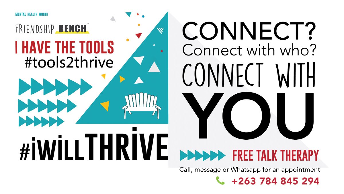 Friendship Bench #Openline, free #TalkTherapy for all who need to connect, feel heard and have an empathic non-judgemental listener help you work through your problems.

Message, call or Whatsapp for an appointment and we will call you back when it suits you.  +263 784 845 294