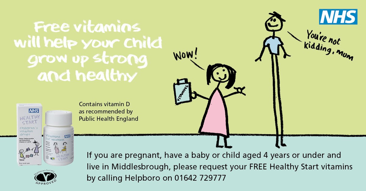 MbroCouncil's tweet photo. FREE vitamins to help your child grow up strong and healthy. 

If you're pregnant, have a baby or child under 4 years old and live in Middlesbrough, ask for your free Healthy Start vitamins. 

Call our #HelpBoro phoneline and ask for them today > 
01642 729777 https://t.co/ndRwUEaTX5