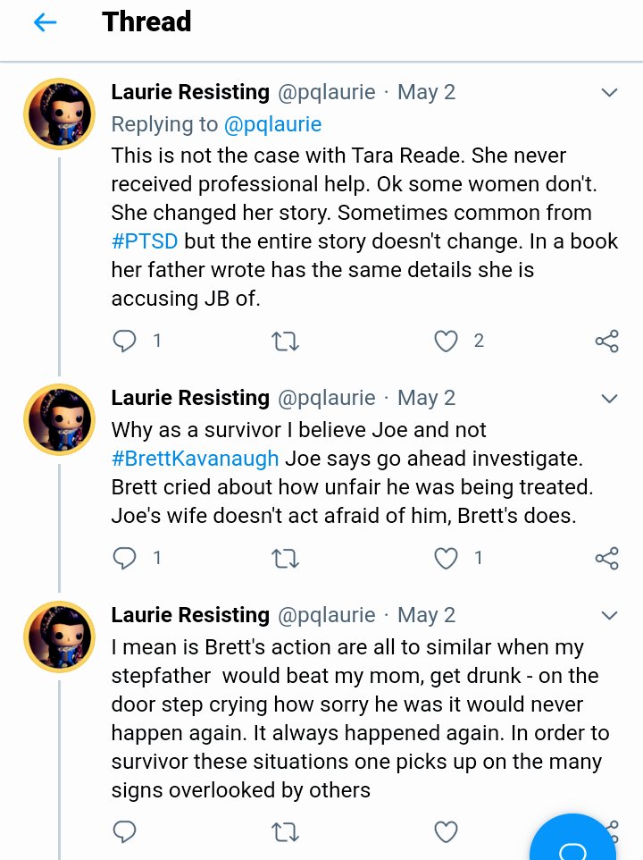 @EricBoehlert I wrote a thread on this from my view as a survivor. I believe #ChristineBlaseyFord not #TaraReade has nothing to do with politics. Each woman has a right to be heard.
As a survivor I recognize things in Dr. Blasey Ford. Her story seems creditable and backed by others.