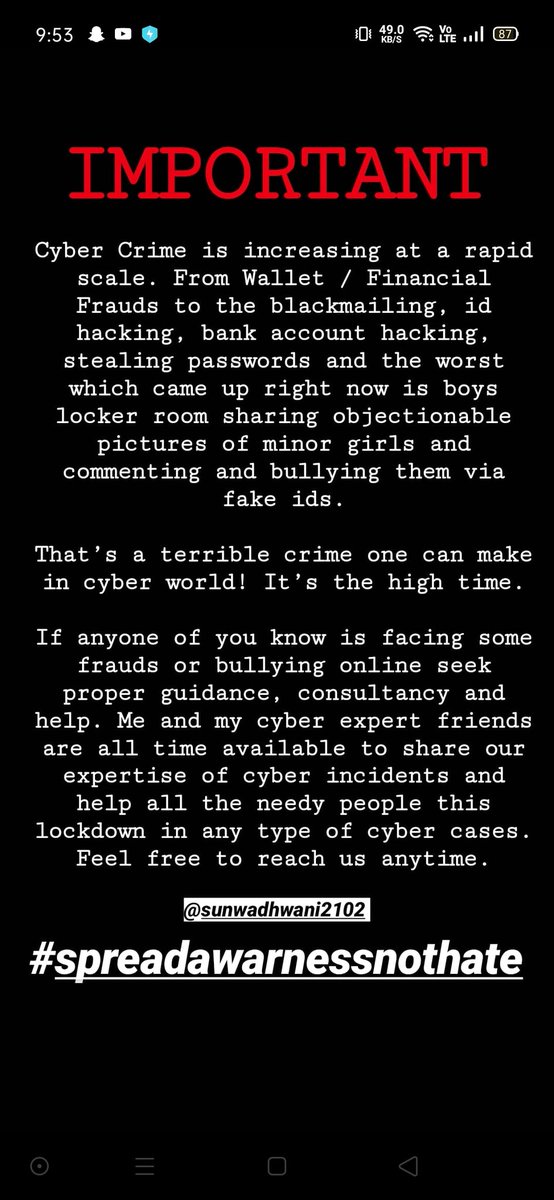 s_tekchandani's tweet photo. Cyber Bullying is serious and punishable offence under various sections of IPC Act and IT Act 2000.
Do not support any kind of nuisance .@sunwadhwani
I support @anuvaa1 @NiskaNagpal
 #boislockerroom https://t.co/Z00CehMG5V
