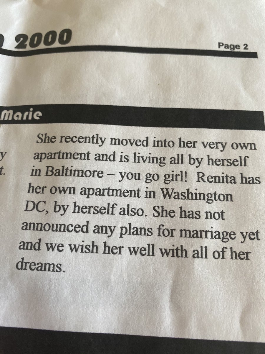 RenitaReally's tweet photo. My shady cousin in charge of the short-lived family newsletter attempting to shame me and my sister’s spinsterhood in our ripe old 20s. ALL BY HERSELF 😂😂😂 https://t.co/6zvqE6LGNI