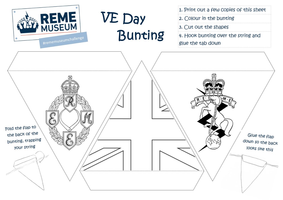Are you getting ready for #VEDay75? Why not make some #REME bunting? You'll need a printer, string, glue and coloring pencils/pens #rememuseumchallenge #GreatBritishBunting