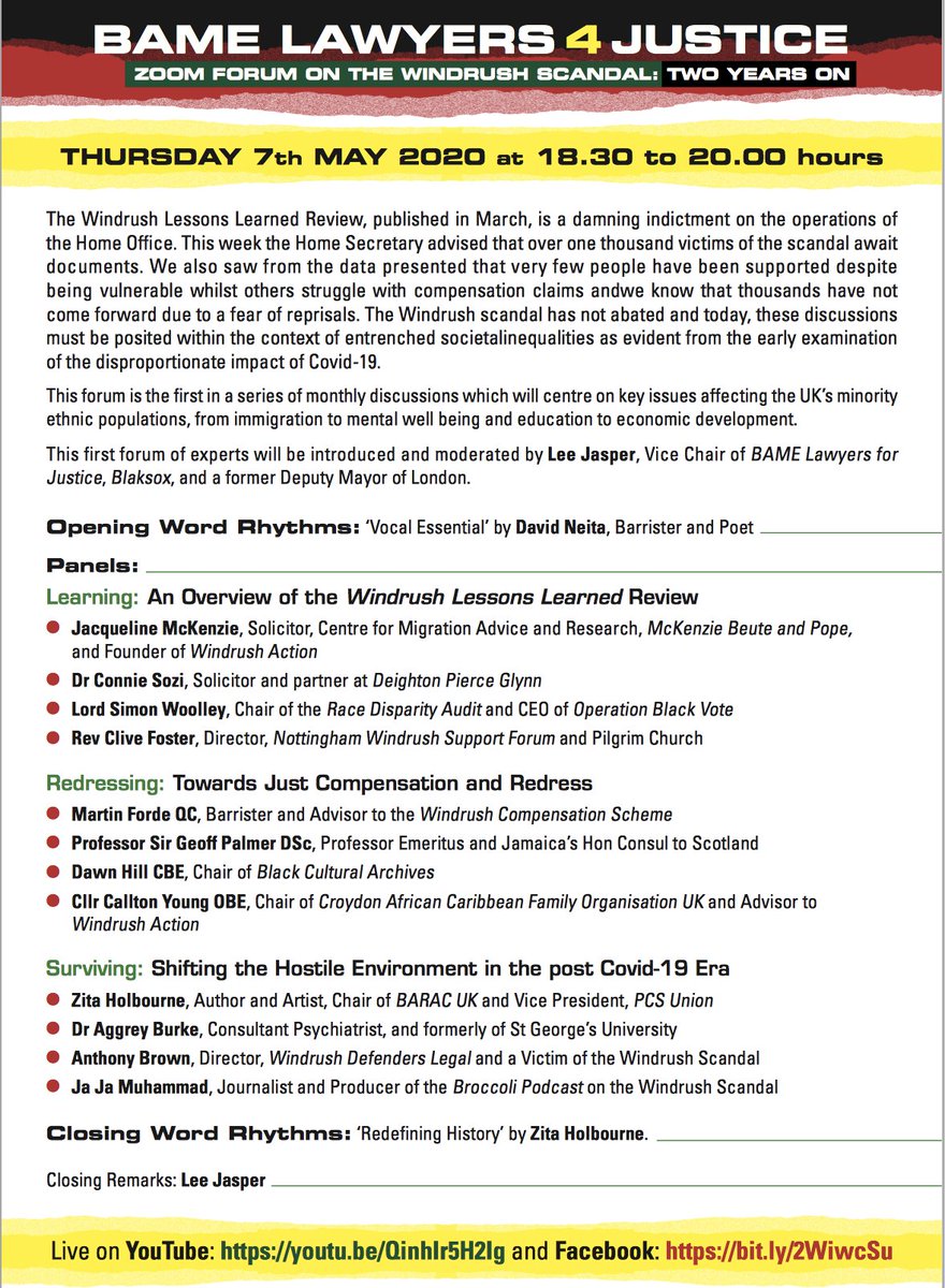 BameFor's tweet photo. Join us on Thursday 7th May 2020 at 6.30 pm for a online discussion with three panels of UK's most foremost #Windrush lawyers advocates, activists and political representatives for an national update on all things #WindrushScandal. Two years on and still no justice. https://t.co/k6XYHYNxuE