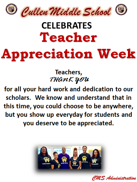 Cullen_Bobcats's tweet photo. Thank you to all of our teachers at @Cullen_Bobcats .  We appreciate everything you do for our scholars and you deserve the entire month! We appreciate you ! @PaulaHisd @NicoleMooreHisd  #TeamHISD #CullenMS #HISD #TeacherAppreciationWeek2020 https://t.co/5ug5V5wMzg