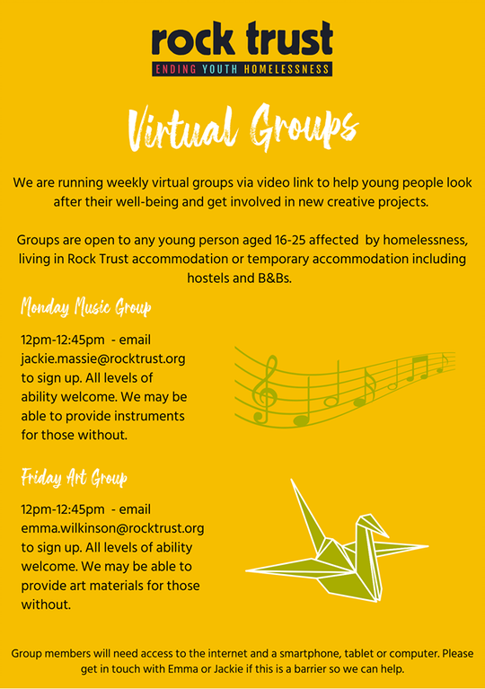 These virtual groups from Rock Trust are also open to any young people (aged 16 - 25) experiencing tension, conflict or relationship difficulties at home.