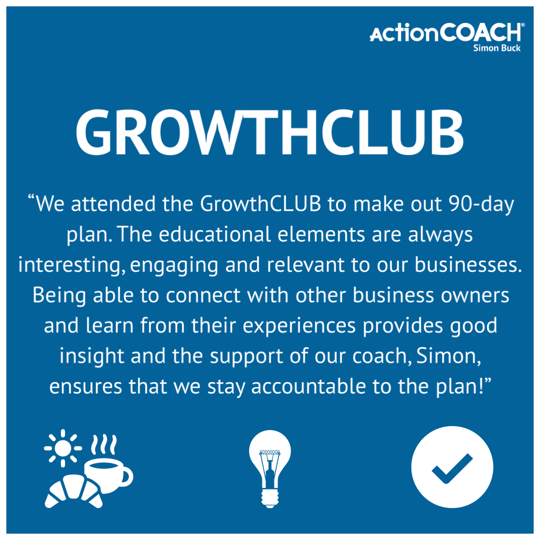 I love hearing what my clients think of the events!

If you think your business would benefit from a structured 90-day plan, come and join us for the next event!

For more information, or to sign up to the workshop, click on the link below!

growthclub.simonbuck.coach