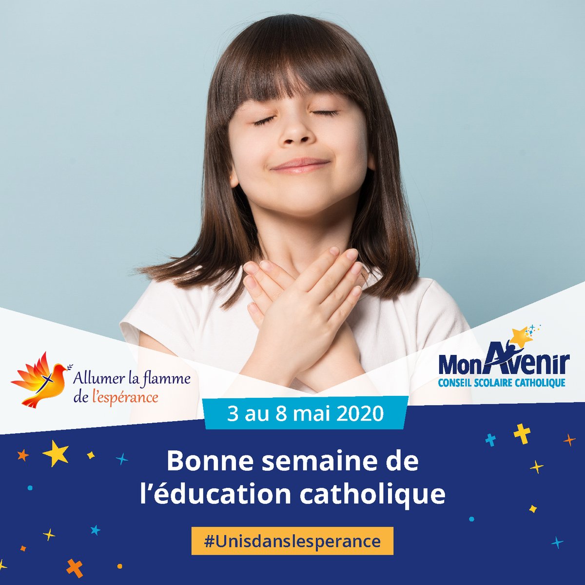 Bonne semaine de l'éducation à toutes et à tous. Sous le thème "Allumer la flamme de l'espérance", retrouvez plusieurs défis pour la semaine : sites.google.com/mon-avenir.ca/…
Rendez-vous jeudi 7 mai à 9 h pour une célébration communautaire avec le cardinal Collins.
#Unisdanslesperance