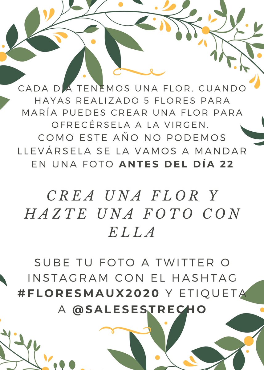 SalesEstrecho's tweet photo. ¡Hagamos, más que nunca, de éste un gran #mayosalesiano! Cada año le llevamos flores a María Auxiliadora, como este año no podemos llevarle las flores en persona se las vamos a enviar. Sube tu foto con la flor para María con #FloresMaux2020 y etiquétanos @SalesEstrecho ¡Anímate! https://t.co/nPfmTNvWPE