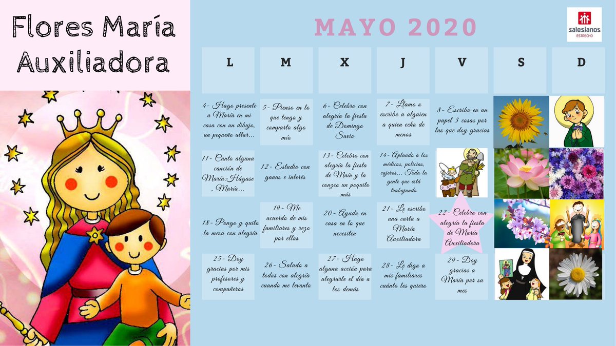 SalesEstrecho's tweet photo. ¡Hagamos, más que nunca, de éste un gran #mayosalesiano! Cada año le llevamos flores a María Auxiliadora, como este año no podemos llevarle las flores en persona se las vamos a enviar. Sube tu foto con la flor para María con #FloresMaux2020 y etiquétanos @SalesEstrecho ¡Anímate! https://t.co/nPfmTNvWPE