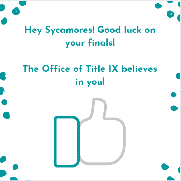 State_ItsOnBlue's tweet photo. Hey Sycamores! 

Happy finals week! We wish you the best of luck!

#itsonblue #indianastateuniversity #finalsweek #goodluck https://t.co/CX0oQjwu98