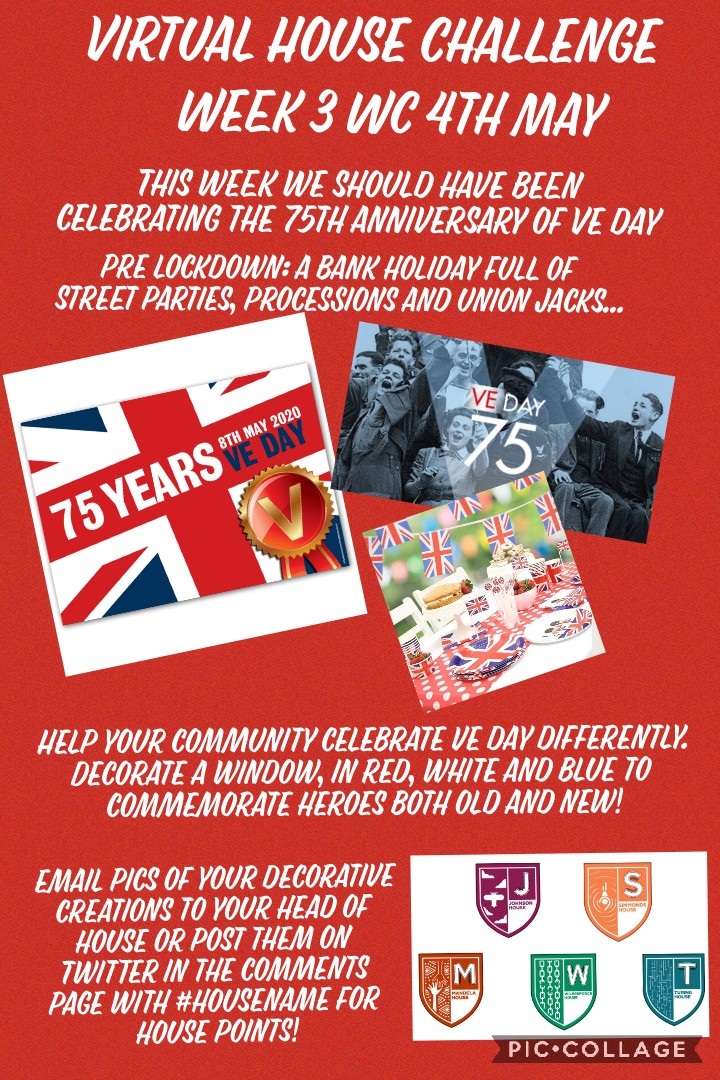 HowdenSchool's tweet photo. Week 3 of the Virtual House Challenge - 75 Years since VE Day. Decorate a window in red, white and blue to commemorate heroes both old and new 🇬🇧 Email your head of house or tweet @HowdenSchool with your #housename https://t.co/LeX5DS4ust