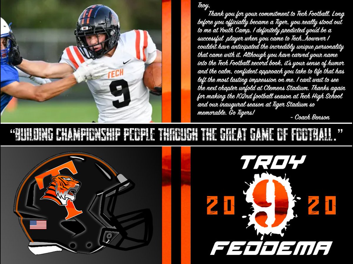 techtigerfb's tweet photo. Today we continue honoring our 2020 Tech Football Seniors. We will celebrate one of these "Championship People" every day until May 25th. Today we recognize the contributions of #9 Troy Feddema. #efforthabit @isd742
 @TechTigerAD @SJUFootball @feddema_6 https://t.co/UrhENyiwV3