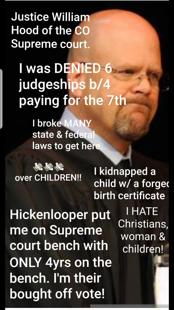 Jenilyn67961481's tweet photo. @realDonaldTrump @WhiteHouse PLEASE PUSH FOR INVESTIGATIONS INTO THE SITTING JUSTICE @CoSupremeCourt &amp; the fools that have been covering for him REFUSING to prosecute FRAUD, KIDNAPPING, RAPE, ABUSE OF POWER, DOMESTIC VIOLENCE, FALSE REPORTS, &amp; HATE CRIMES!
@BethDAlady @pweiser @GovofCO 
WHEN WILL IT END?? https://t.co/vkoFAywXKt