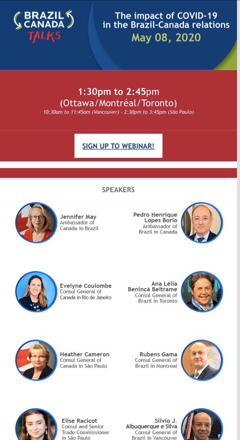 Join us in this Webinar on the impacts of #COVIDー19 on 🇨🇦🇧🇷 relations organized by the @CCBC_BrCa on May 8 pm (in English) with <a href="/canjenmay/">Jennifer May</a> <a href="/HCameronGH/">Dr. Heather Cameron</a> @elise_racicot &amp; our counterparts from 🇧🇷 in 🇨🇦 <a href="/RubensGama/">Rubens Gama</a> <a href="/ConsBrMTL/">Consulat Général du Brésil à Montréal 🇧🇷🇨🇦</a> @ConsbrasVan You can register at sympla.com.br/brazil-canada-…