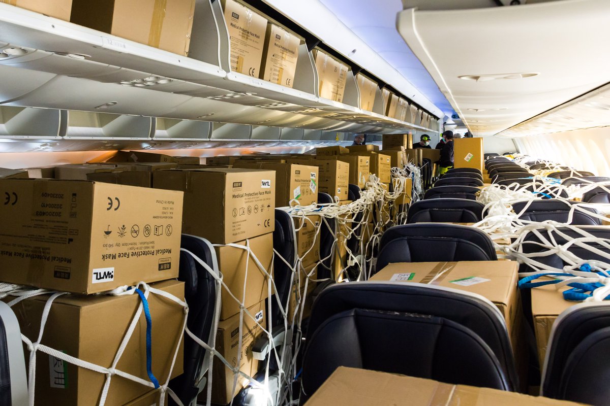 TUIGroup's tweet photo. #TUI brings 1.8 m protective face masks to Europe. The urgently needed masks were delivered on behalf of Lower Saxony and the Federal Republic of Germany. In total, more than 10 m masks are to be flown in with the help of TUI fly. @TUIflyBelgium #letsTUIthistogether #WeAreAviaton https://t.co/el3SizjFqv