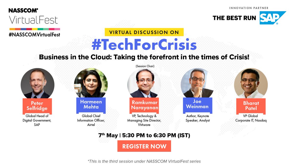NasscomEvents's tweet photo. As we adopt #digitaltranformation, can the cloud provide sustainable solutions for businesses to succeed? Listen first from our expert panelist as they discuss #TechForCrisis in #NasscomVirtualFest’s third Virtual Discussion.
Register for free https://t.co/7QtsH5B816 https://t.co/dvYRv7RdSO