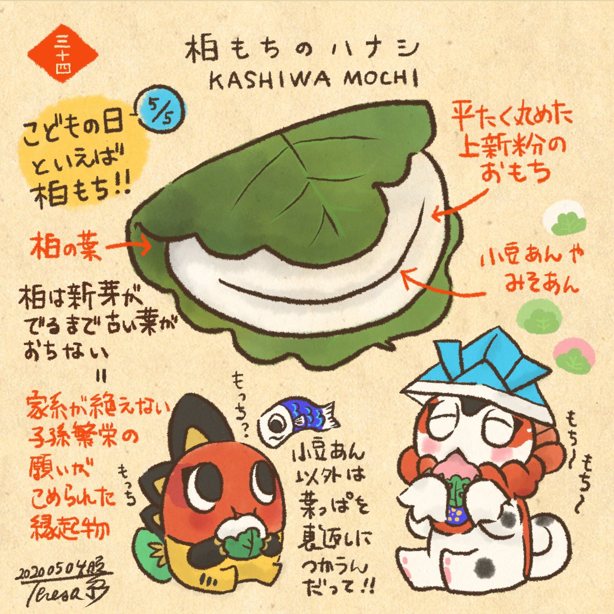 照 紗 Teresa Chiba 34 柏もちの話 5 5はこどものですね 年に一回の端午の節句に食べるといえば 柏もち 江戸時代に 柏は新芽が出るまで古い葉が落ちない という事から家系が絶えない様 子孫繁栄の願いが込められ広まった縁起物です そんな