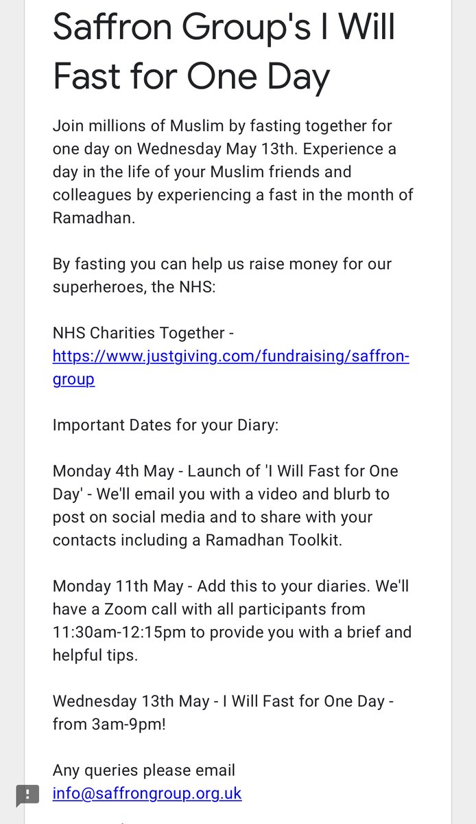 Join millions of Muslims by fasting together for one day on Wednesday May 13th. Experience a day in the life of your friends and colleagues by experiencing a fast in the month of Ramadhan. 
To take part in #IWillFast4OneDay sign up here by May 10th: 

lnkd.in/gUVjeQC