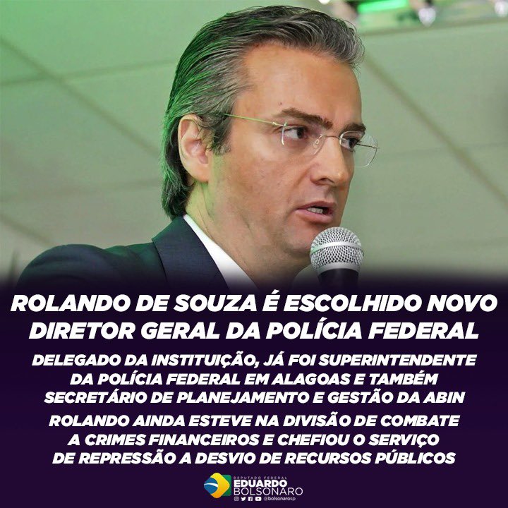 BolsonaroSP's tweet photo. Hoje o Presidente @JairBolsonaro indicou Rolando Alexandre de Souza para o cargo de diretor-geral da Polícia Federal

Dono de grande currículo na instituição, tem nossos votos para que exerça um bom trabalho; torcemos também para que a independência dos poderes seja respeitada 👍 https://t.co/Lf2tB0E5dD