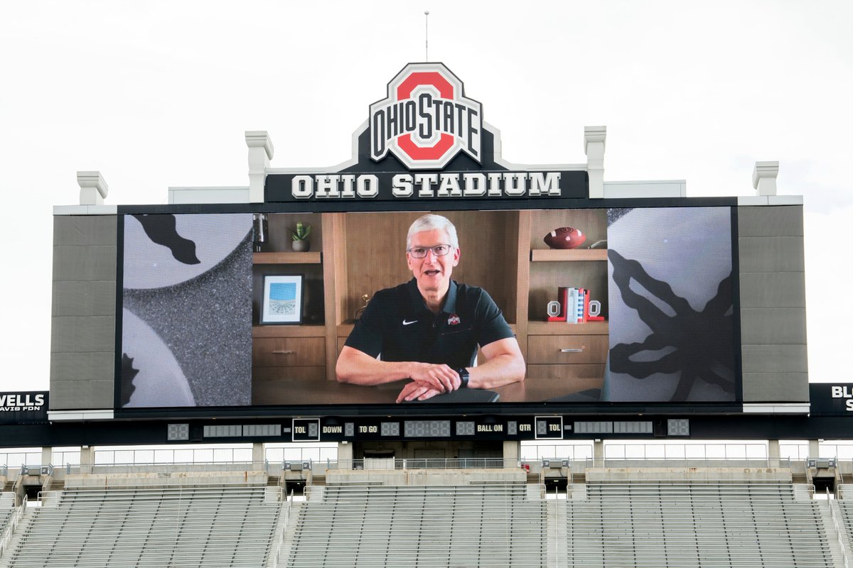 OhioState's tweet photo. "Those who meet times of historical challenge with their eyes and hearts open — forever restless and forever striving — are also those who leave the greatest impact on the lives of others." – @tim_cook https://t.co/8YJtPpE25V