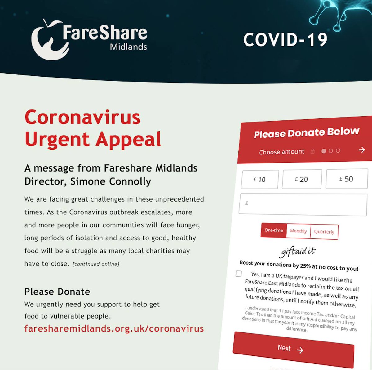 *URGENT APPEAL*

Due to current events we are in urgent need of donations as our services are in higher demand than ever before.
A message from FareShare Midlands Director, Simone Connolly.
Donate here: faresharemidlands.org.uk/donate-covid/ 

#Covid19 #UKCharity #FightHungerTackleFoodWaste