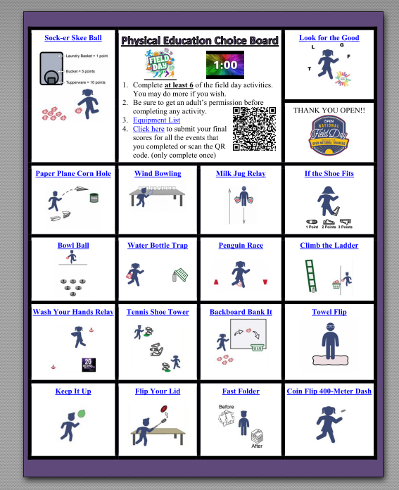 stefwebber's tweet photo. #NationalFieldDay PE Choice Board this week has a bunch of challenges for you to try.  Only log your best scores using the QR code.  #FalconPEChallenge #FalconPE #CommUNITY https://t.co/X7ydbXsi2y