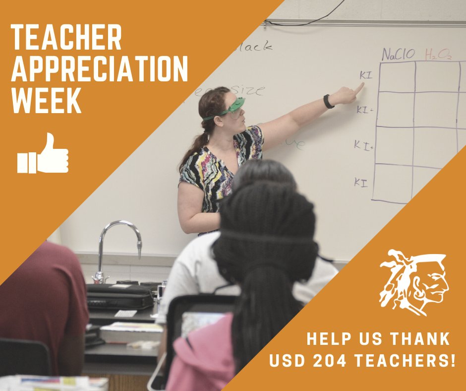 USD204's tweet photo. It's Teacher Appreciation Week! Today, and every day, our teachers rise to every challenge and work to provide our BRAVE students with the best education. Help us in saying THANK YOU with a LIKE or RETWEET! #204BravesPride https://t.co/x2xp1yfHoW