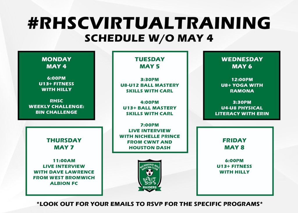 RHSoccerClub's tweet photo. Check out our FULL schedule of #RHSCVirtualTraining for this week! 💻We are doing our best to continue to serve all of our customers online while we are all at home staying safe. Don’t forget to look out for your emails to RSVP for the specific programs! ⚽️ #RHSC #DareToDream https://t.co/71Jbpdxp07