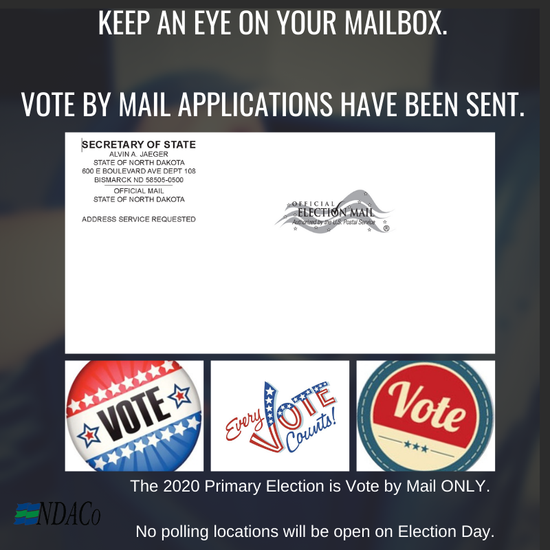 Did you get an envelop that looks like this? It's your application for a ballot for the June election. The June election will be vote by mail only in North Dakota. #Vote2020 #ndcountystrong