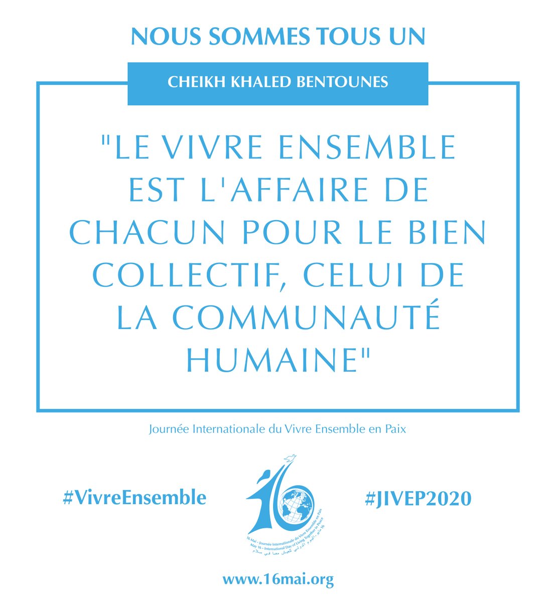 Le #16mai prochain nous célèbrerons la 3ème édition de la Journée Internationale du Vivre Ensemble en Paix. 

Aujourd'hui plus que jamais, avec la crise du #Covid19, vivre ensemble en #paix devient une urgence à notre portée!

#VivreEnsemble #JIVEP2020
16mai.org