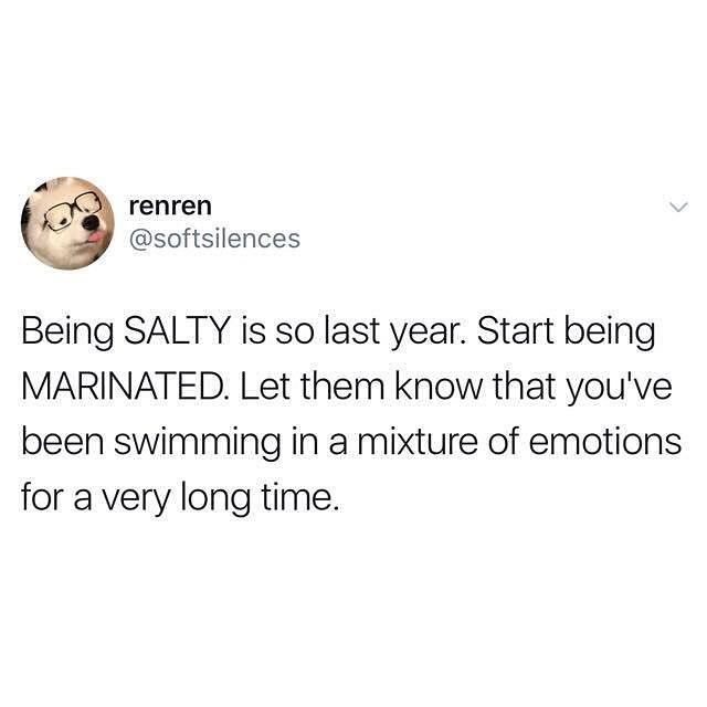 psychpoint's tweet image. &quot;Being salty is so last year. Start being marinated. Let them know you&apos;ve been swimming in a mixture of emotions for a very long time&quot; #therapistproblems# psychologyfacts #therapy #mentalhealthmemes #mentalhealth #mentalhealthawareness #therapistlife