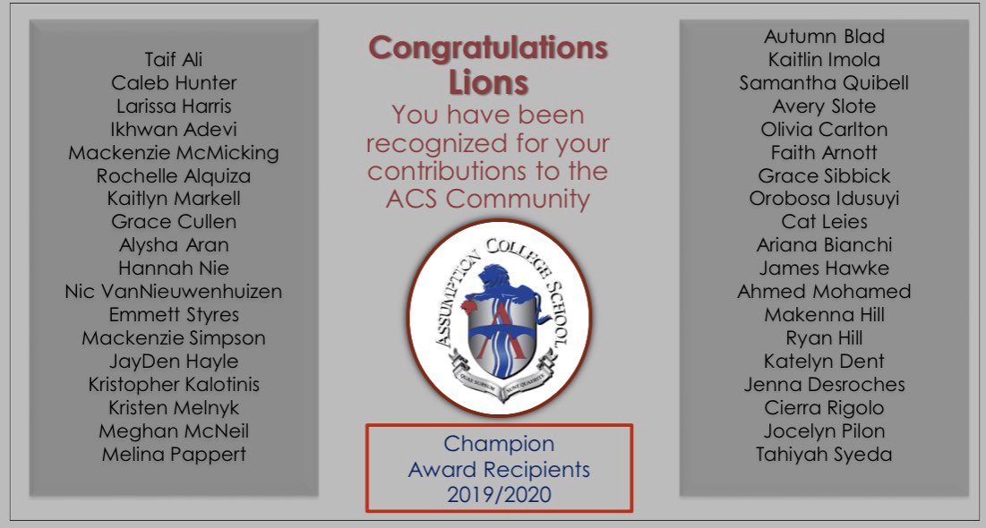 assumptionlion's tweet photo. ACS has a long tradition of recognizing students who have demonstrated exceptional contributions to our community by celebrating their accomplishments at our annual Breakfast of Champions. Although we are apart, we want to acknowledge how much we value them. https://t.co/gUoyuvjVXj
