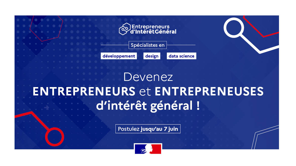 [Recrutement] Spécialistes en #développement, #datascience ou #design, venez améliorer le service public !

Écologie, santé, gestion de crise, culture... vous aurez 10 mois pour relever un défi en équipe. 4000€ net/mois

Postulez jusqu'au 7 juin👉…reneur-interet-general.etalab.gouv.fr/candidature-ei…