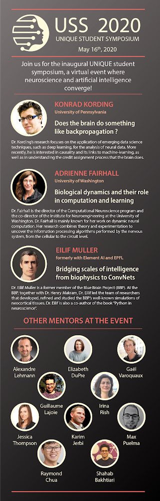 Exciting 👉 UNIQUE’s inaugural student symposium (#USS2020) will take place on Sat, May 16, 2020. A full day of talks &amp; activities bridging #neuroscience &amp; #AI (ses below)
Hurry up to secure your free registration👇
tinyurl.com/y9etgfve

<a href="/MAIN_Community/">MAIN Community</a> <a href="/IVADO_Qc/">IVADO</a> <a href="/HBHLMcGill/">Healthy Brains, Healthy Lives</a>