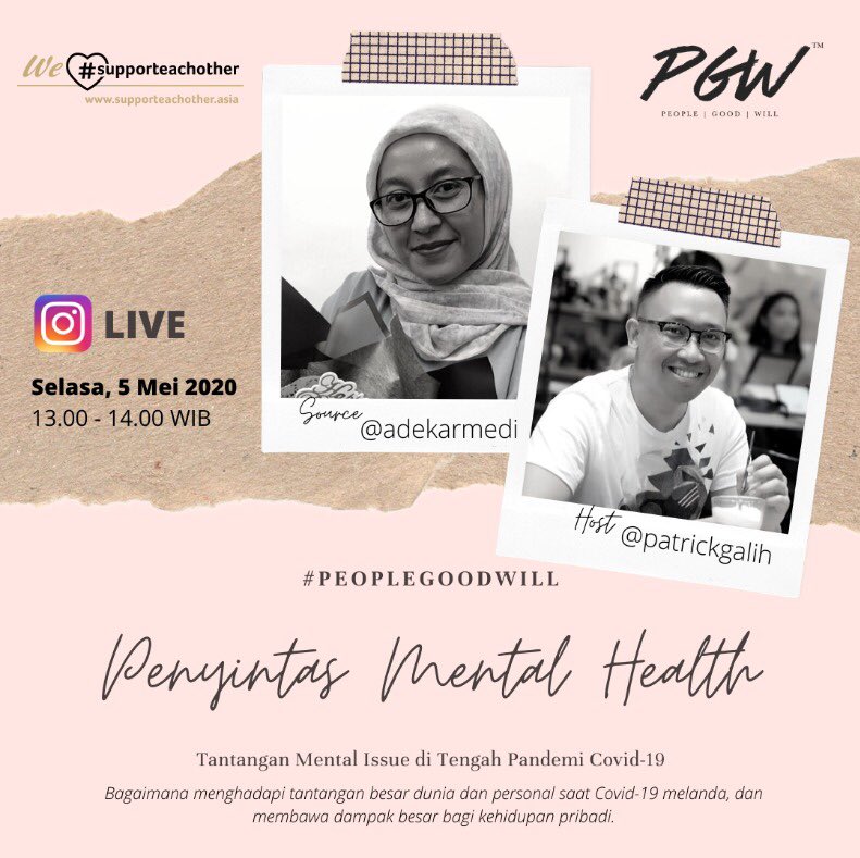 patrickgalih's tweet image. An honor for me to join the collabs with @SupportEach with their campaign #supporteachother while I&apos;m on my sharing session stories with my best friend of mind talking about Mental Health on this #COVIDー19 pandemic. #peoplegoodwill #PGW