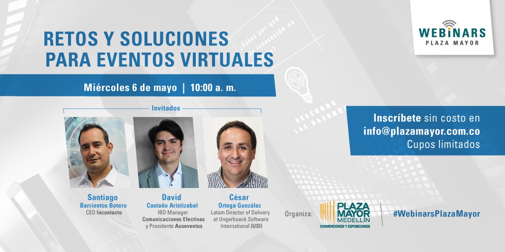 Incontactos's tweet photo. Nuestro CEO @sbarrientosb estará este Miércoles 6 de mayo en el Webinar de @plazamayormed  hablando sobre retos y soluciones para eventos virtuales.

Inscríbete en https://t.co/BrjkNKBgrH

#HagamosEventos #HagamosEquipo #Incontacto https://t.co/PRKCQxFGNQ