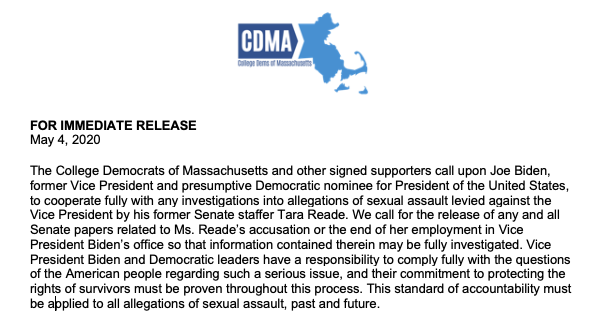 CollegeDemsofMA's tweet photo. Today we are releasing a statement regarding the sexual assault allegations against Vice President Joe Biden. This statement is signed by 35 prominent young leaders and groups from every corner of the state. Read the full statement here: https://t.co/3tFOOvzY7w https://t.co/HgAsOJLENW