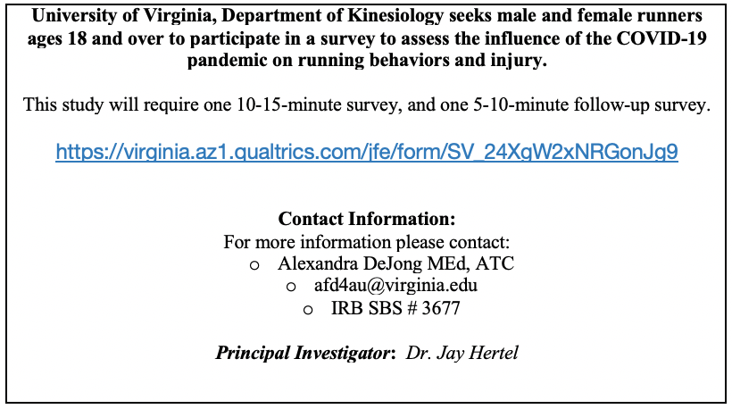 Please RT and share! New survey assessing running behaviors and injury before, during, and after the COVID-19 pandemic: virginia.az1.qualtrics.com/jfe/form/SV_24…