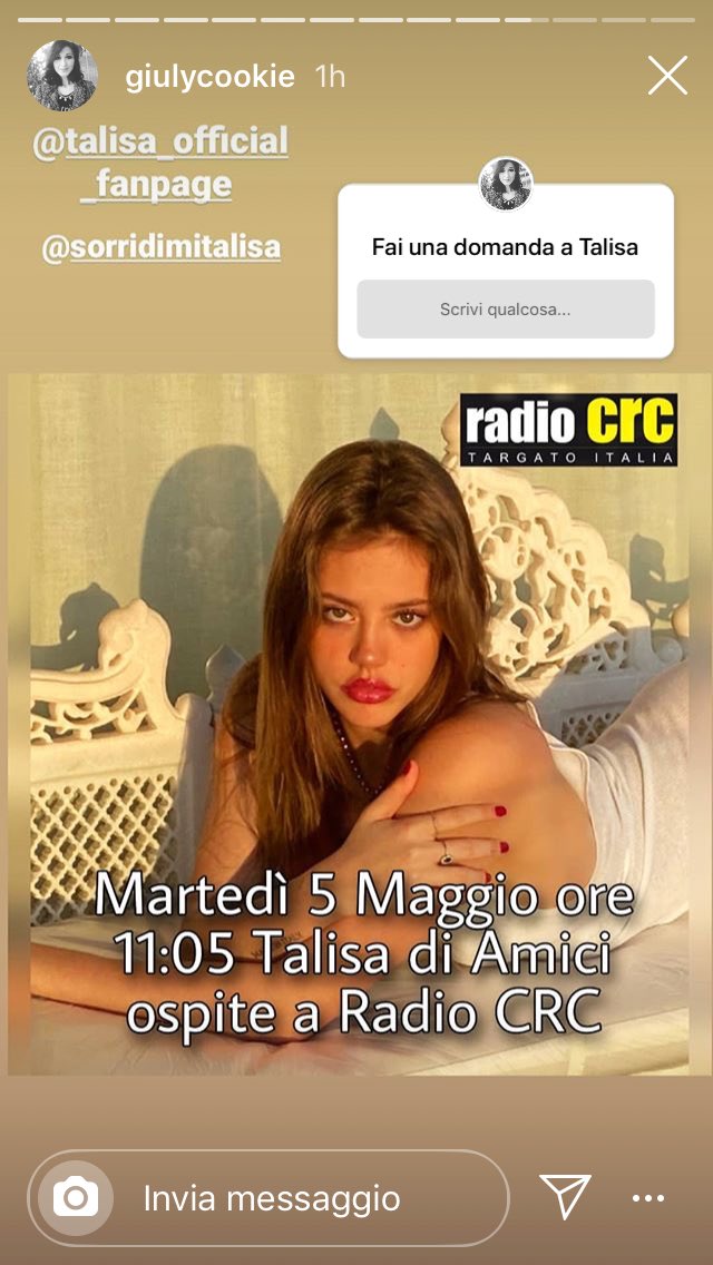 gemellANSIA's tweet photo. Se volete fare delle domande a Talisa per l’intervista a Radio Crc,martedì 5 Maggio,ore 11,
aggiungete giulycookie su IG e fate le domande cliccando nel box. #Amici19 #Amici2019 #talisa
👇🏻📩 https://t.co/S60ChokyFR