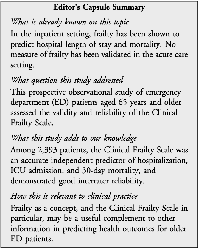 AnnalsofEM's tweet photo. Hot off the Press: Validation of the Clinical Frailty Scale for Prediction of Thirty-Day Mortality in the Emergency Department https://t.co/Qwa6argENg @replynickel https://t.co/3LJn5tn7Xi