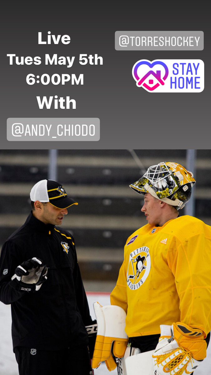 TorresHockey's tweet image. Join @TorresHockey on Instagram Tues May 5th @ 6:00PM for another Instagram Live Chat with Penguins Goalie Dev Coach @Andy_Chiodo