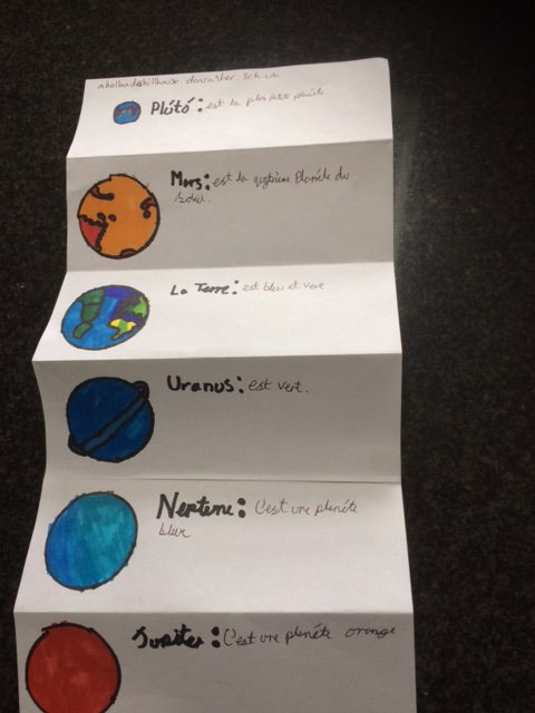 HHSJuniorFrench's tweet photo. Learning about les planètes with Y5
who created these lovely zigzag books. Merci @LightBulbLangs #doncasterisgreat #mfltwitterati #erasmusplus #frenchfuntime https://t.co/Xx9kcRFVgJ