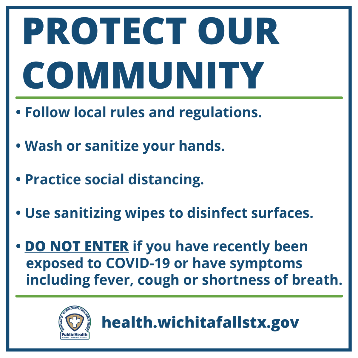 WFOEP's tweet photo. Businesses in Wichita Falls-Wichita County. Don't forget, the Health District has FREE adhesive signs for you. Help protect employees and customers from COVID-19 by posting in your place of business. Call the Health District at 761-7909. https://t.co/qZXHoD22zC