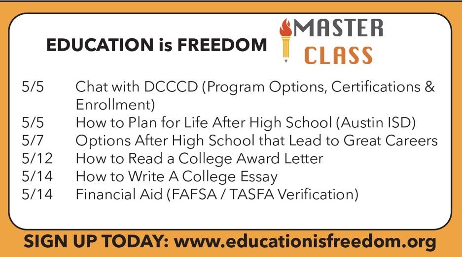 EIFSamuell's tweet photo. Make sure to sign up for one of our EIF Master Classes this month!
Register Now for the "Chat with DCCCD (Program Options, Certifications & Enrollment)” Master class that starts at 10am TODAY:
https://t.co/pK11HSxhF3
#EIFIsHere #EIFEstaAqui #EIFMasterClass https://t.co/3T8ims1szU