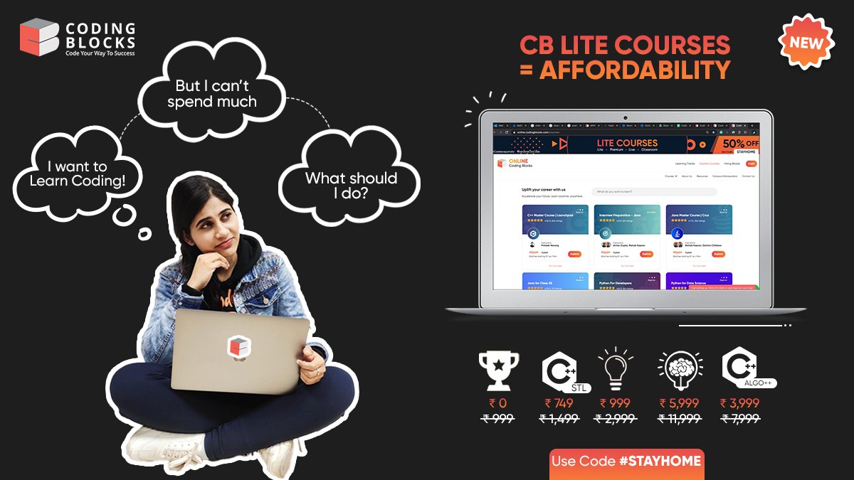 CodingBlocksIn's tweet photo. Worried about spending too much?
Don't be! We are here with "CB Lite Courses"
Learn coding at affordable prices!
Visit https://t.co/JjQHmgy8qB now! π
#CodingBlocks #CBLite #CodeLikeABoss #Coding #CodeKaregaIndia #EveryoneCanCode https://t.co/rCe0D4Q7UR