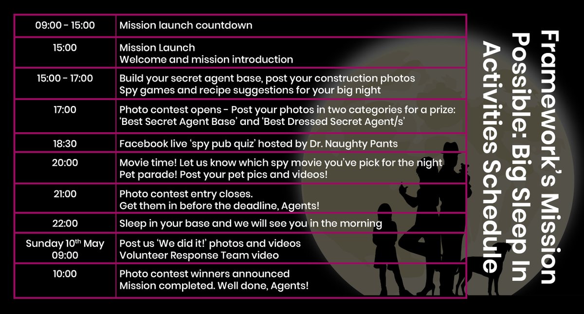 The schedule for #MissionPossible The Big Sleep In is here! 

With only 5 more nights to go, don't miss out and sign up here:  frameworkha.org/thebigsleepin

The Big Sleep In is raising money for the Covid-19 Volunteer Response Team. 

Please support us today 💜